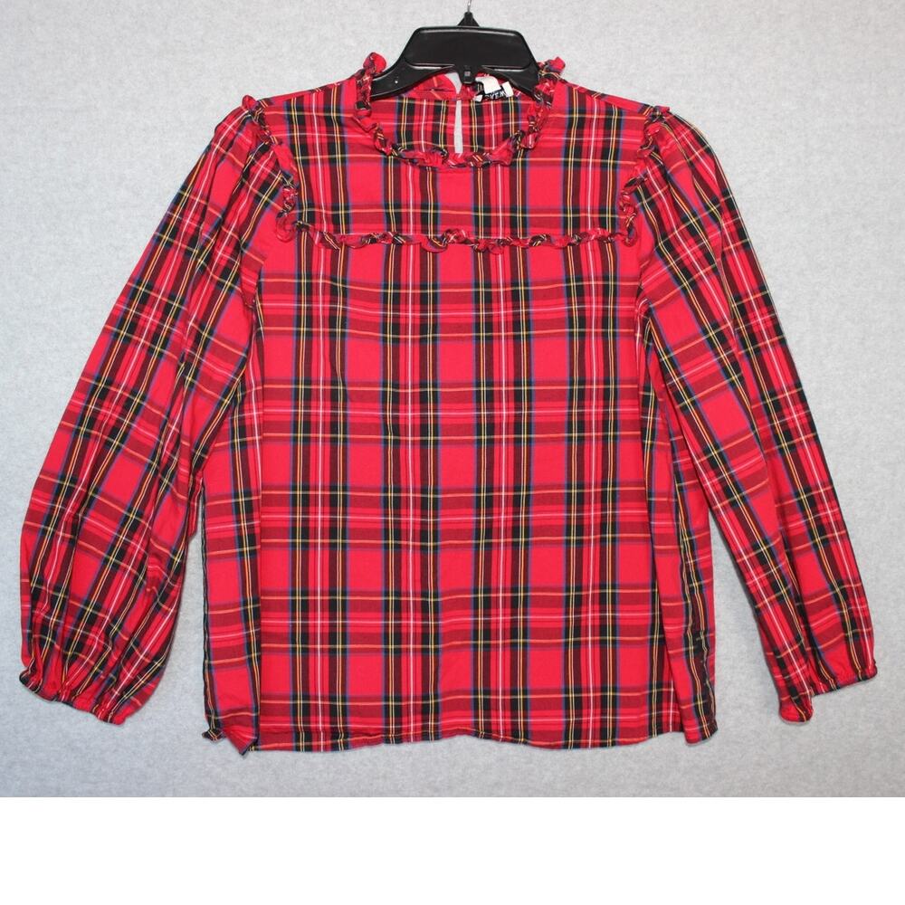 J. Crew‎ Red Plaid Tartan Cotton Poplin Long Sleeve Top With Ruffles Women's XS